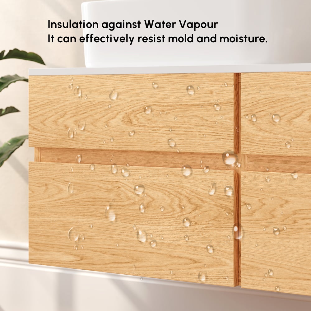 Wooden panel with water droplets and text about insulation against water vapor.