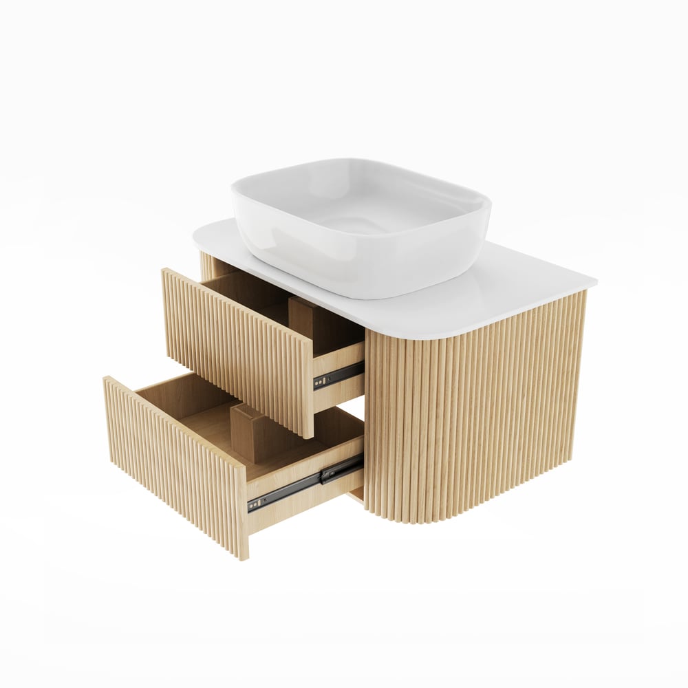 Bathroom vanity with sink and drawers on a white background