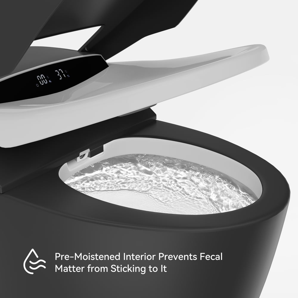 Modern toilet with open lid showing pre-moistened interior, featuring a digital display and text.