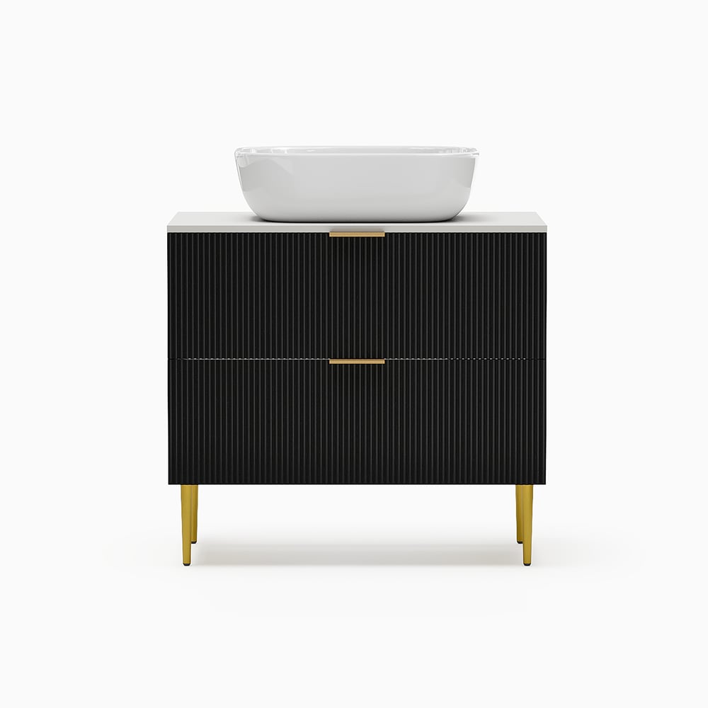 Bathroom vanity with white basin on a white background