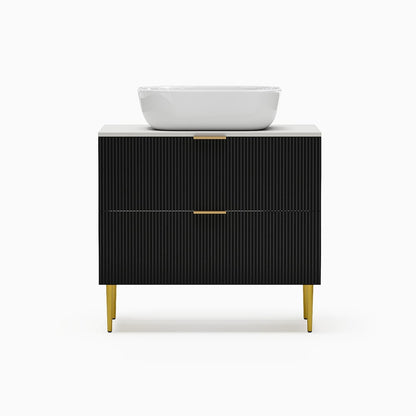 Bathroom vanity with white basin on a white background