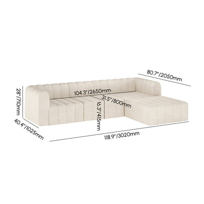 Off white sectional sofa with dimensions labeled on a white background