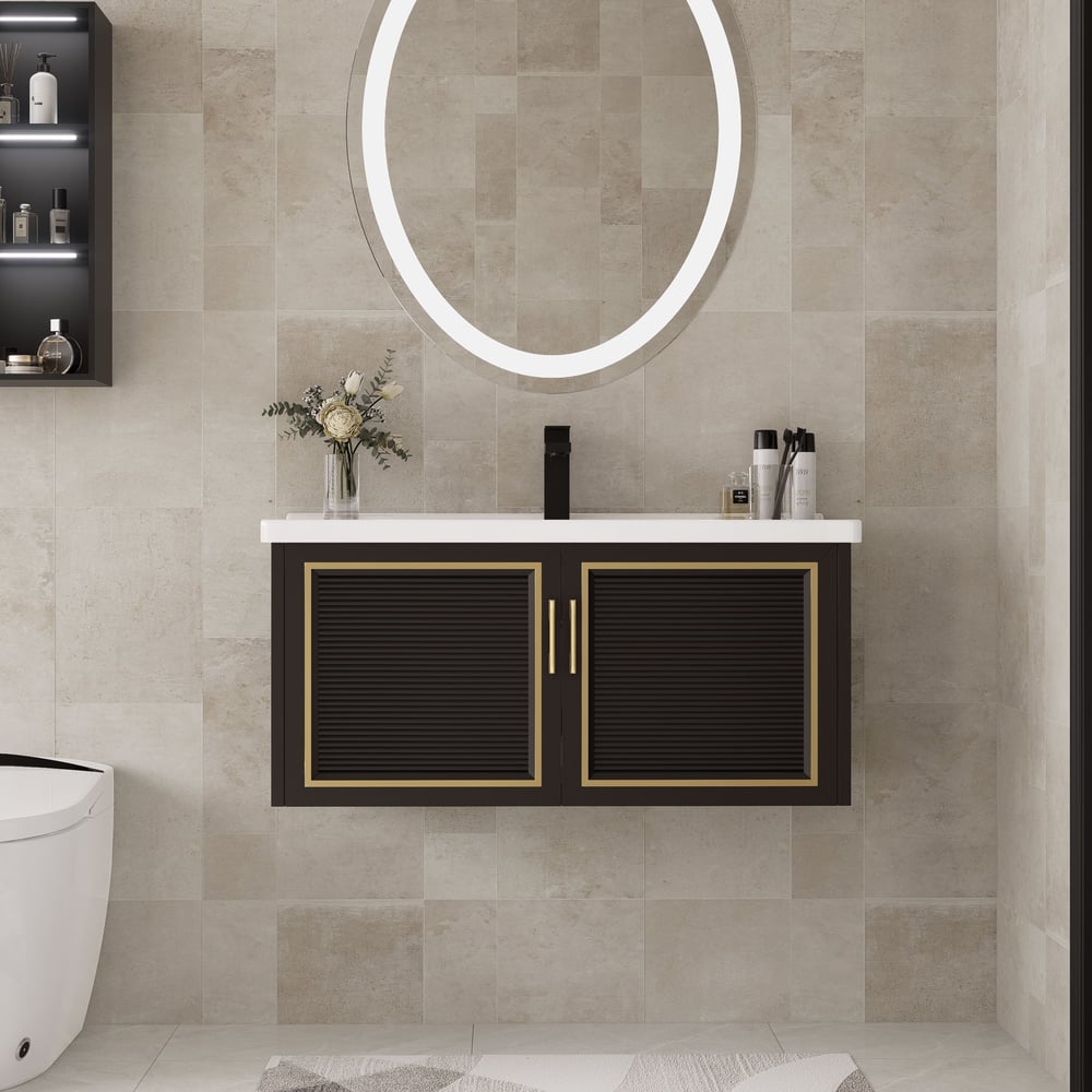 Bathroom Vanity Set 27.9" Modern Floating Ceramic Bathroom Vanity Black with Sink