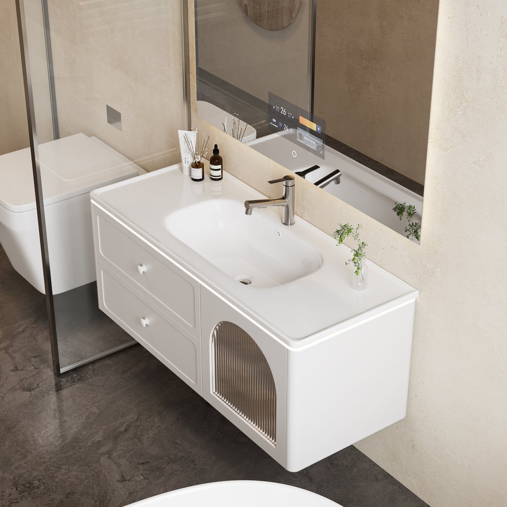 Bathroom vanity with sink and mirror in a modern bathroom setting