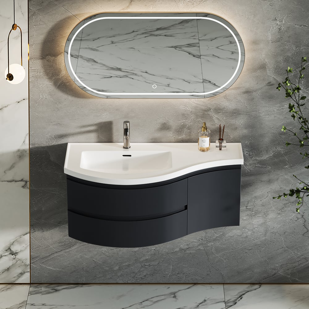 Bathroom vanity with sink and mirror in a modern bathroom setting