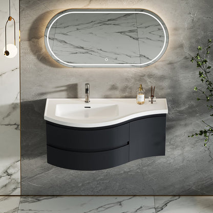 Bathroom vanity with sink and mirror in a modern bathroom setting