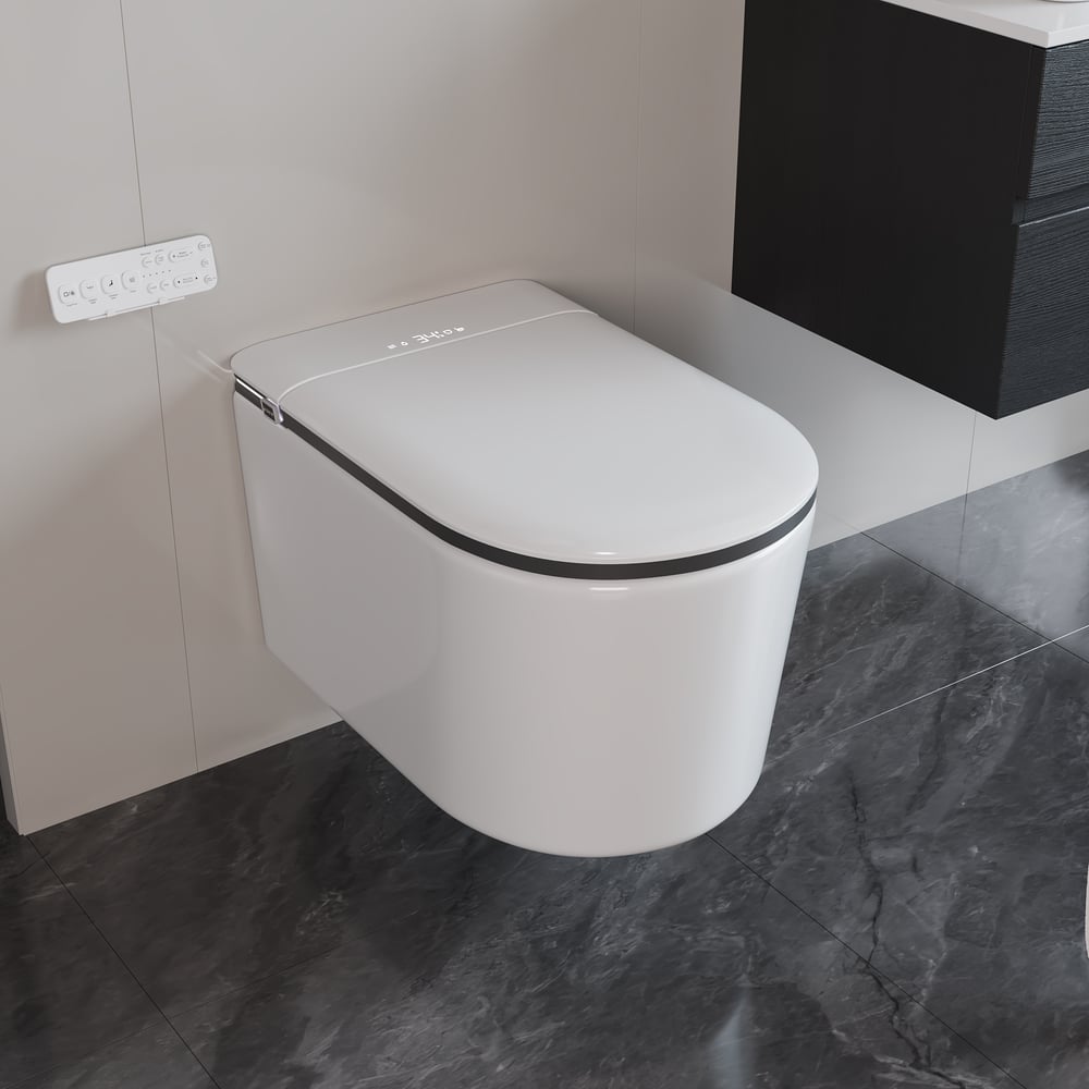 Wall-mounted white toilet in a modern bathroom with gray tiles.