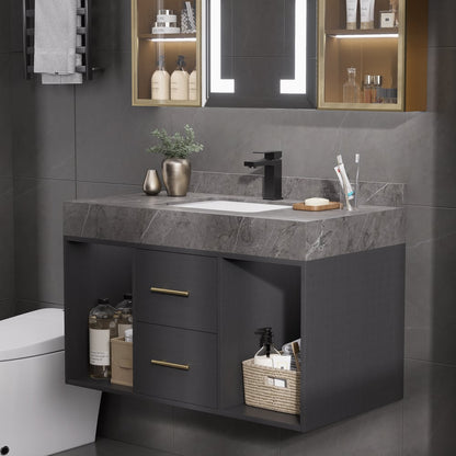 Bathroom Vanity Set 35.4" Modern Floating Sintered Stone Bathroom Vanity Black with Sink