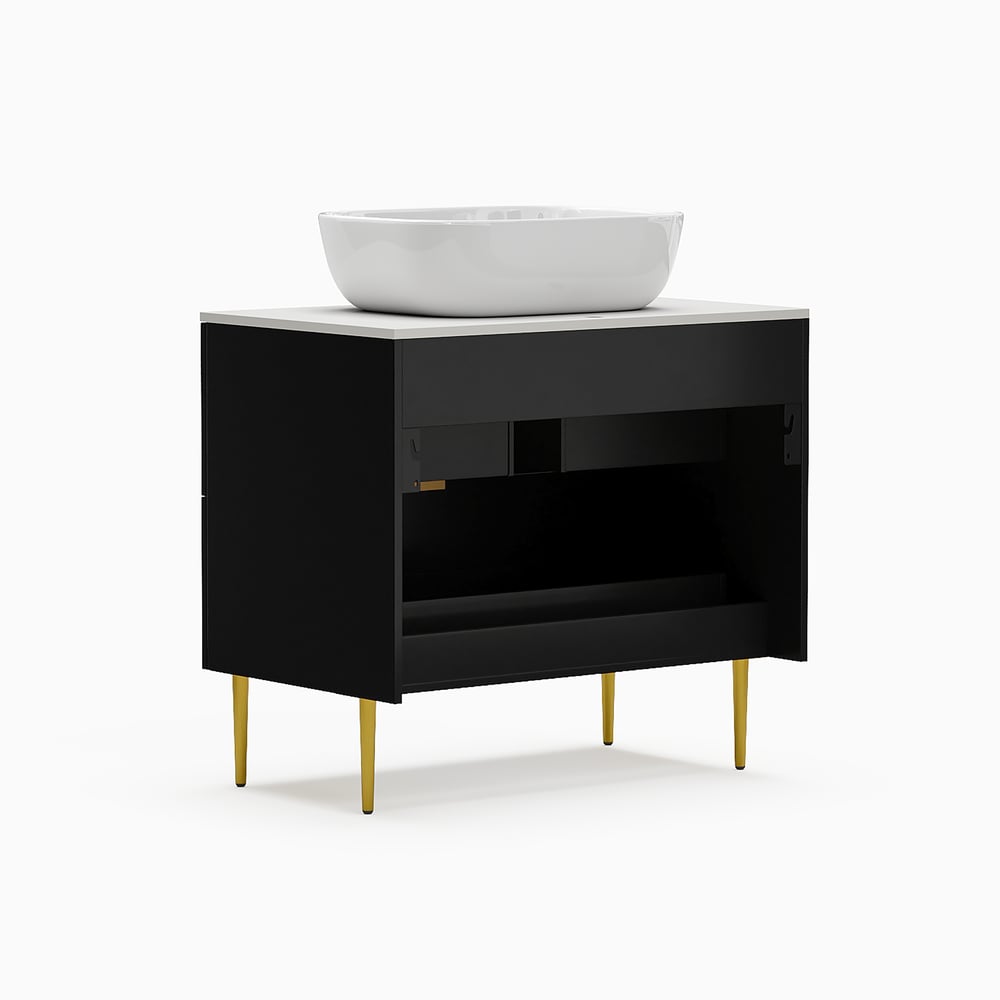 Black bathroom vanity with a white basin on a white background