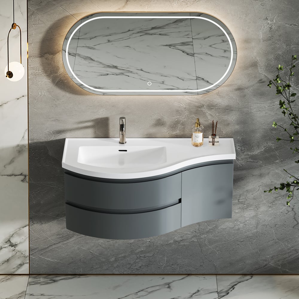 Bathroom vanity with sink and mirror in a modern setting