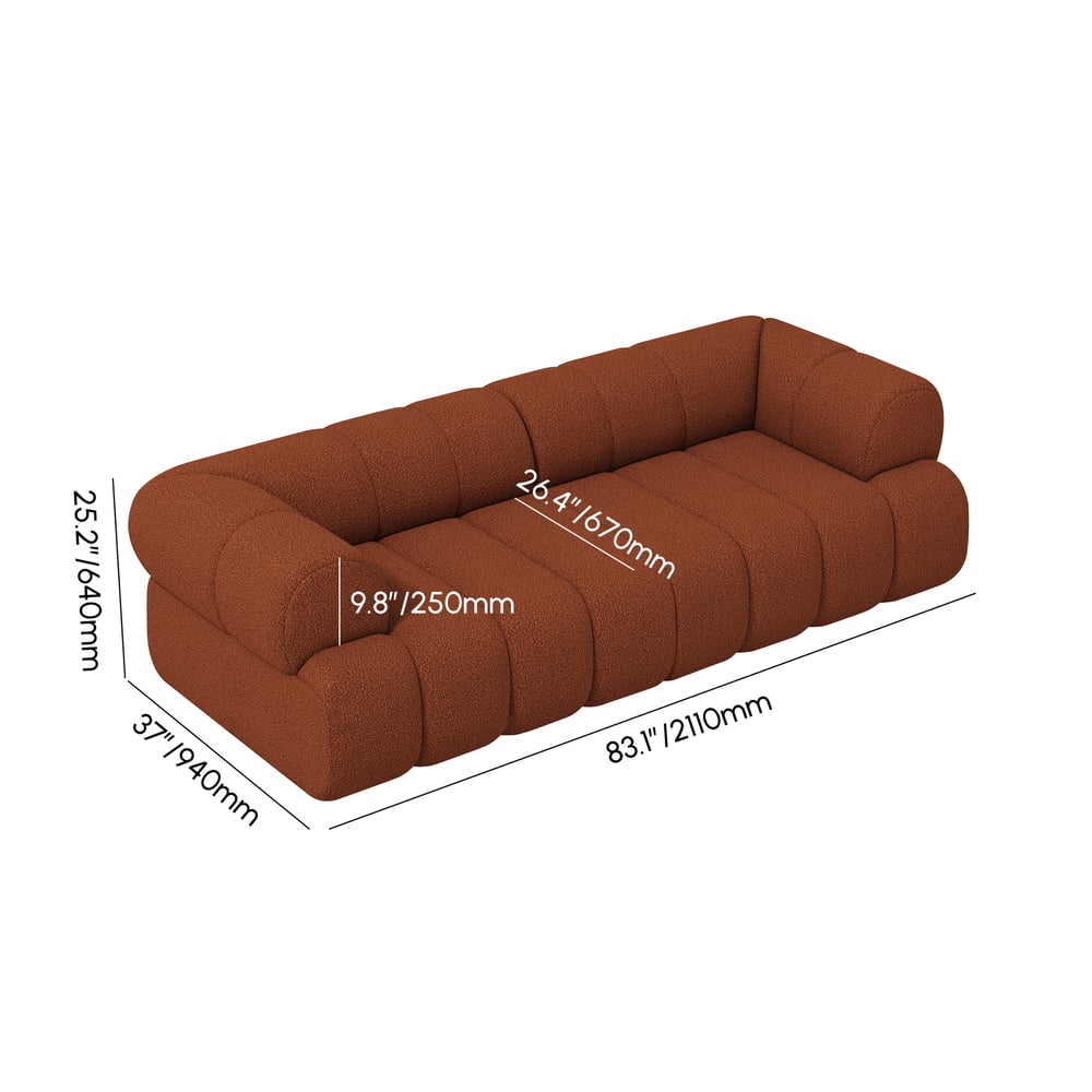 Brown sofa with dimensions labeled on a white background