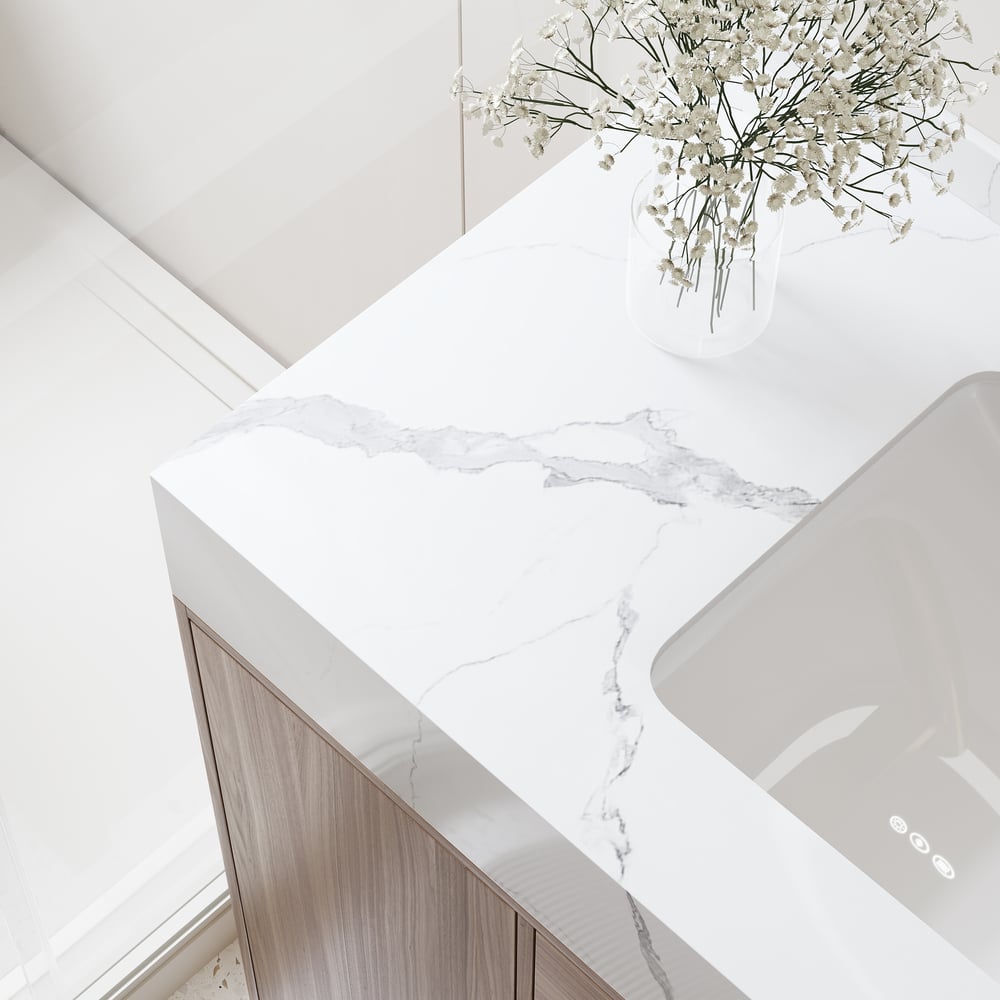 Modern kitchen counter with marble-like countertop and sink
