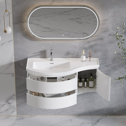 Bathroom vanity with open cabinet, sink, and mirror in a marble bathroom setting.
