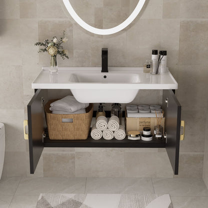 Bathroom Vanity Set 27.9" Modern Floating Ceramic Bathroom Vanity Black with Sink