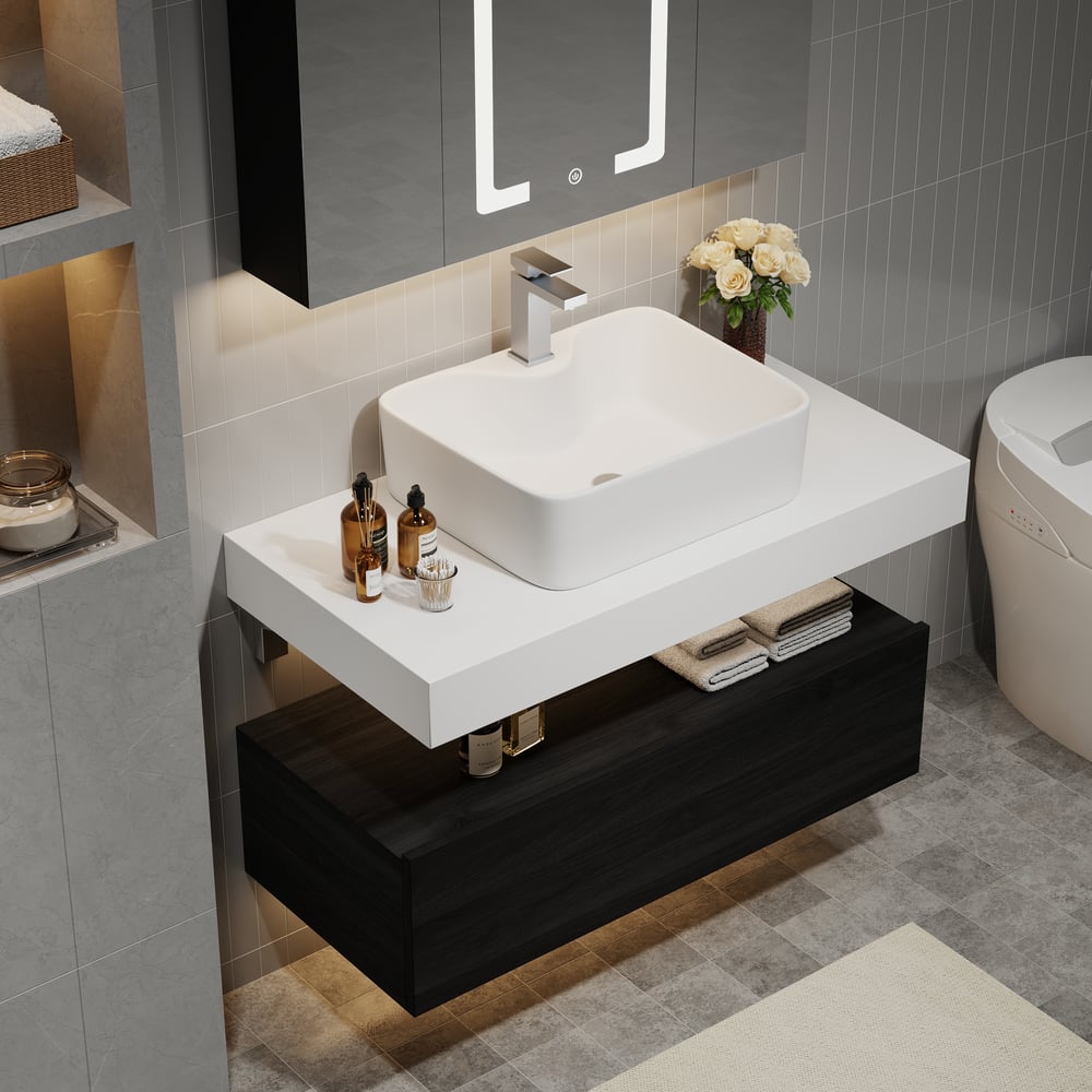 Bathroom Vanity Set 35.4" Modern Floating Bathroom Vanity White and Natural with Sink