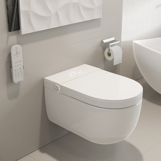 Wall-mounted toilet in a modern bathroom with a sink and toilet paper holder.