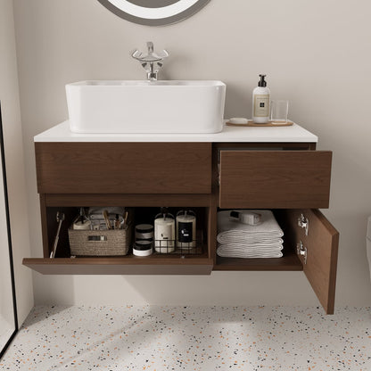 Bathroom vanity with wooden cabinets, white countertop, and various items.