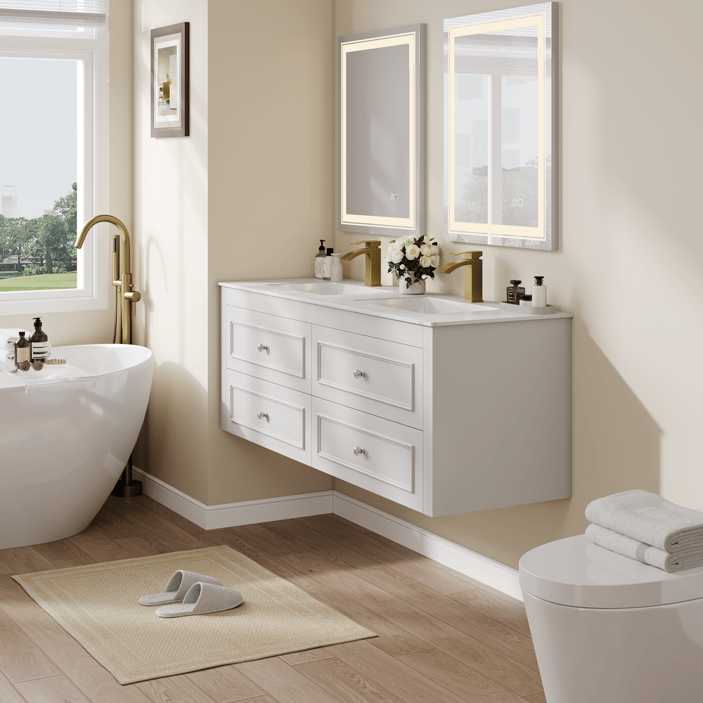 Bathroom Vanity Set 58.6"Modern Floating Ceramic Bathroom Vanity White with Double Sinks