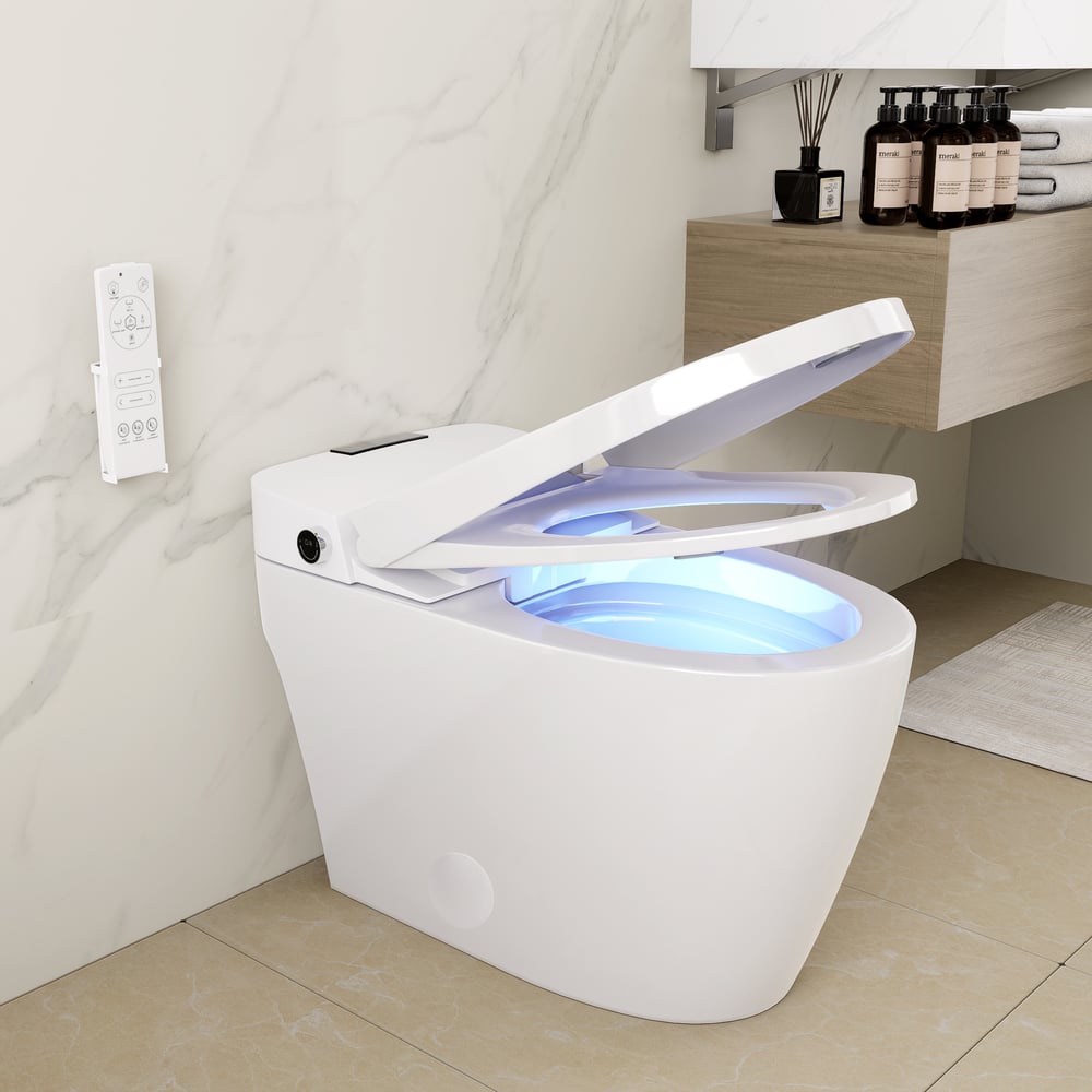 Modern white toilet with illuminated seat in a bathroom setting