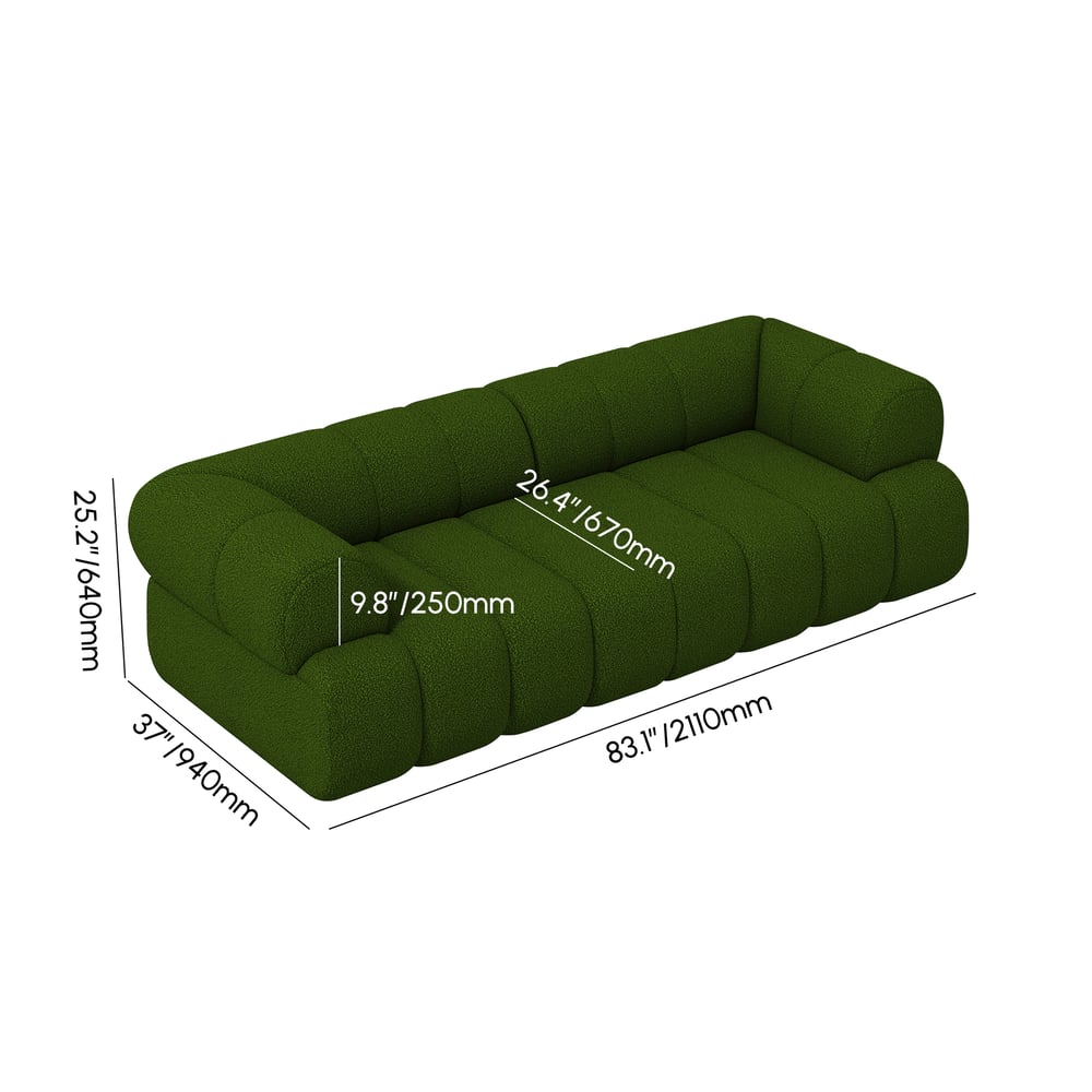 Green sofa with dimensions labeled on a white background