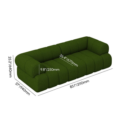 Green sofa with dimensions labeled on a white background