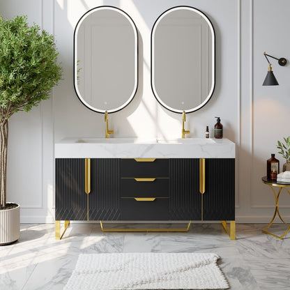 Bathroom vanity with double sink, mirrors, and decorative elements.