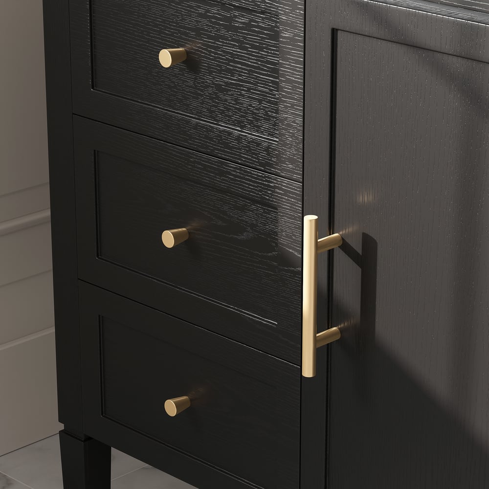 Black cabinet with gold handles on a neutral background