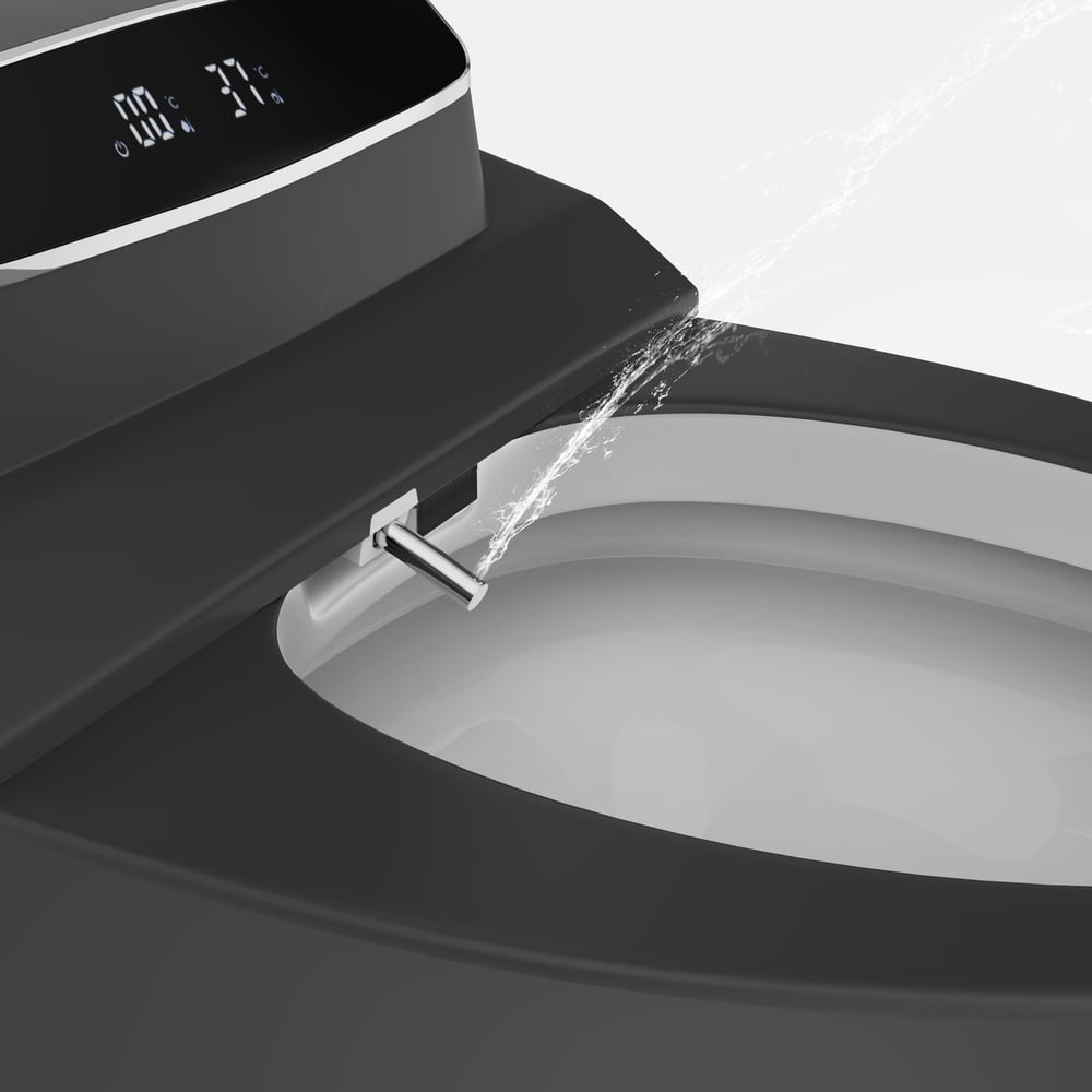Black toilet seat with digital display and water stream on a white background