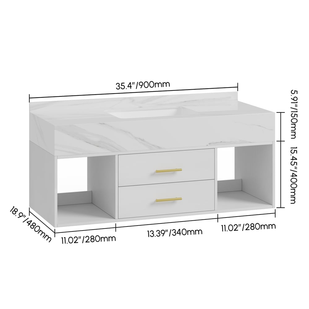 Bathroom Vanity Set 35.4" Modern Floating Sintered Stone Bathroom Vanity White with Sink