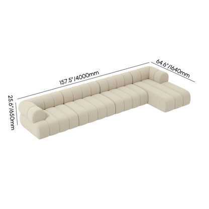 Beige sectional sofa with dimensions labeled on a white background
