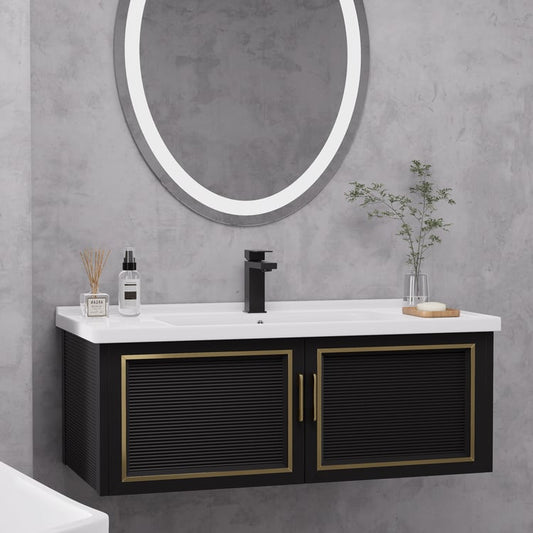 40" Black Floating Bathroom Vanity Set Drop-In Ceramic Sink with Cabinet