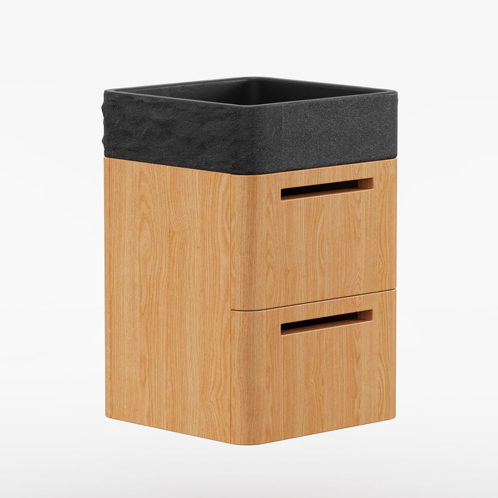 Wooden cabinet with black top on a white background