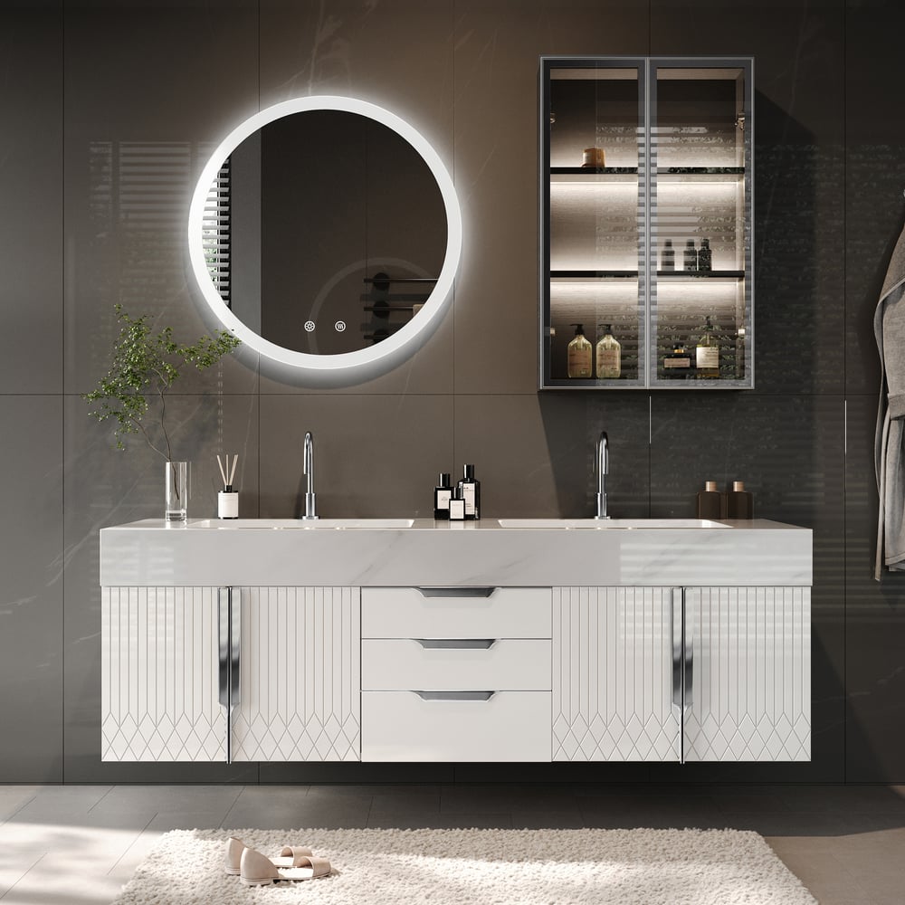 Bathroom vanity with round illuminated mirror and cabinet against a dark wall.