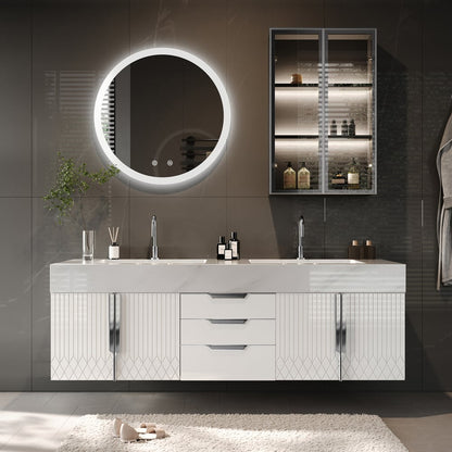 Bathroom vanity with round illuminated mirror and cabinet against a dark wall.