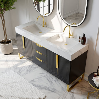 Bathroom vanity with dual sinks, gold fixtures, and decorative elements.