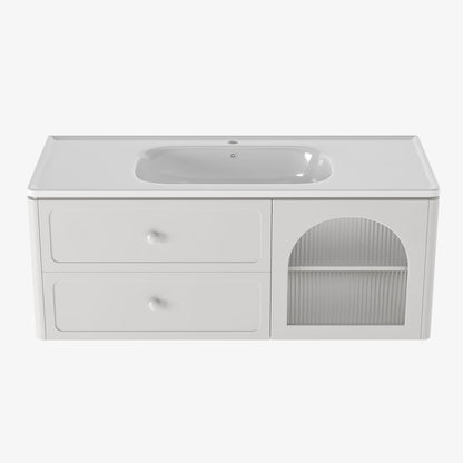 White bathroom vanity with sink on a white background