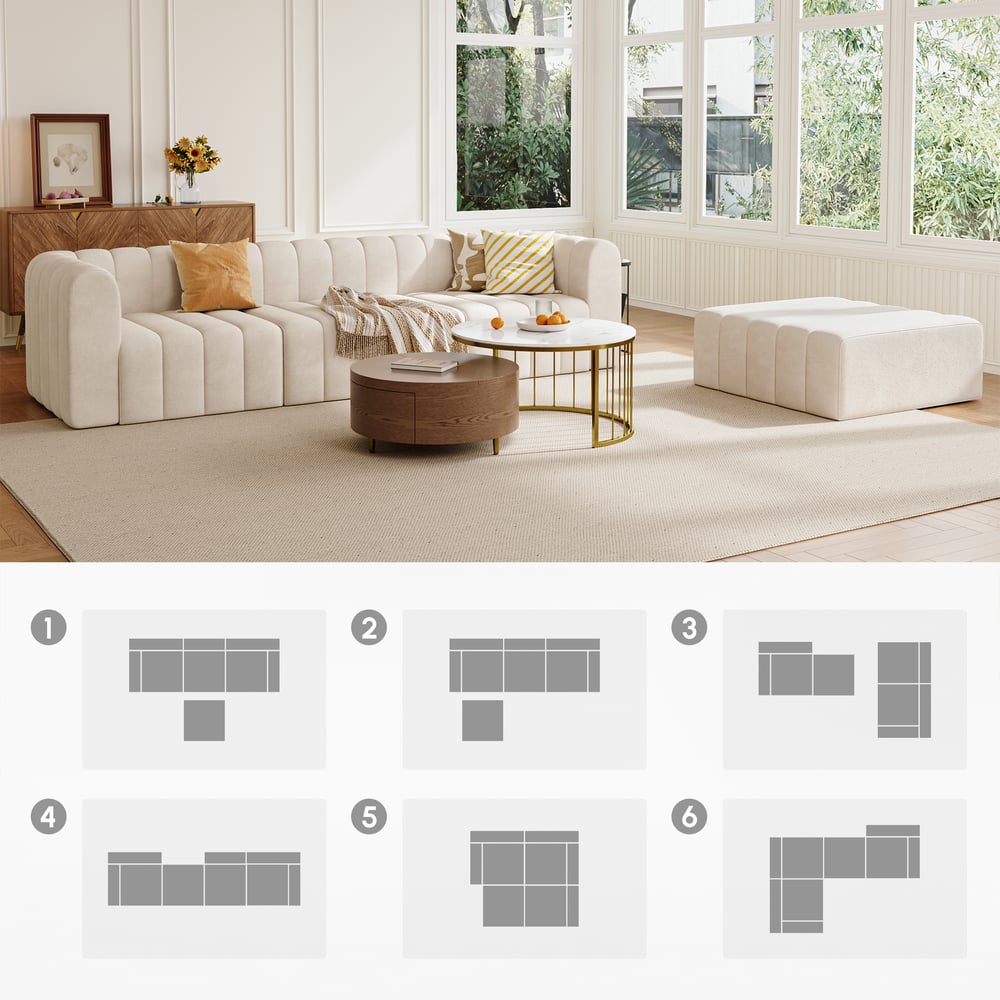 Modern living room with a sectional sofa, coffee table, and ottoman.