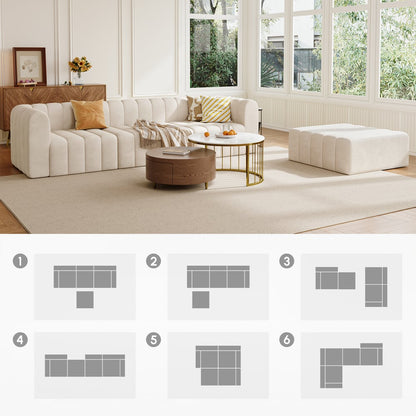 Modern living room with a sectional sofa, coffee table, and ottoman.