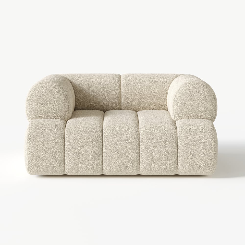 Beige sofa with rounded armrests on a white background