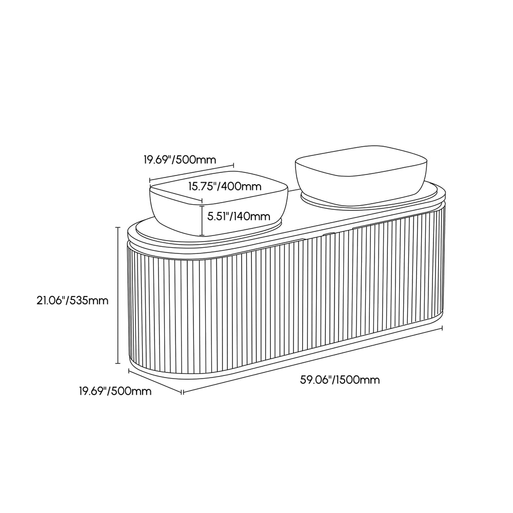 Technical drawing of a bathroom vanity with dimensions labeled