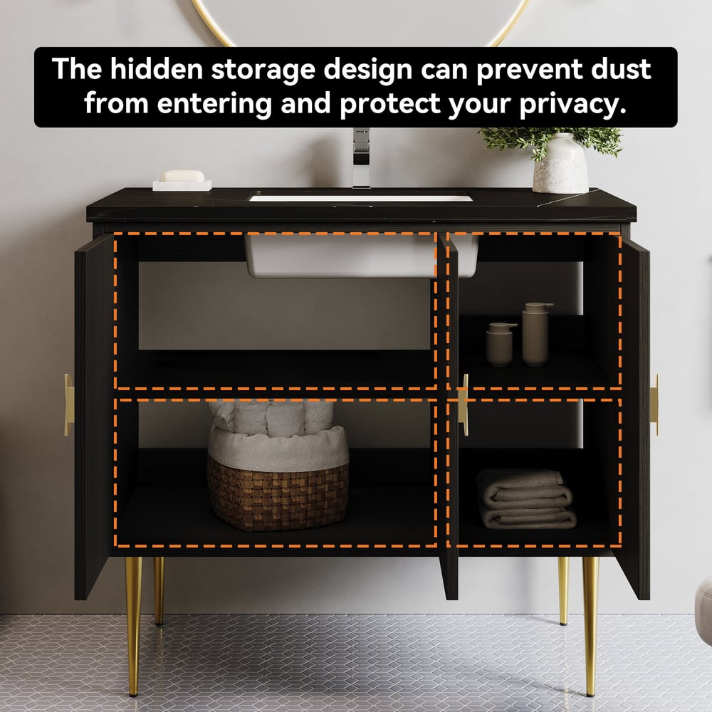 Bathroom vanity with hidden storage design and text about dust prevention and privacy.