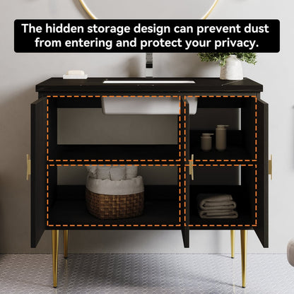 Bathroom vanity with hidden storage design and text about dust prevention and privacy.