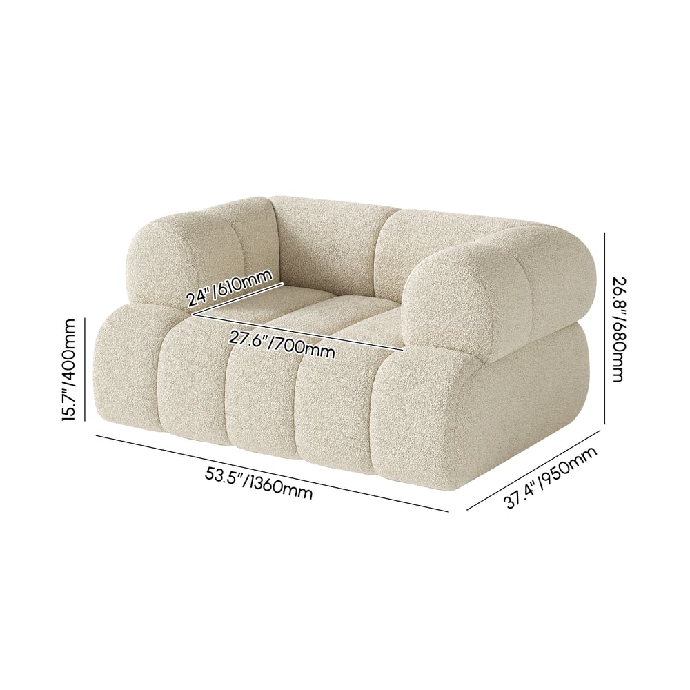 Beige sofa with dimensions labeled on a white background