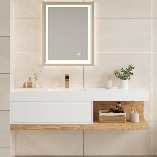 Bathroom Vanity Set 59" Modern Floating Bathroom Vanity White and Natural with Sink