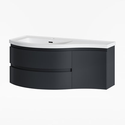 Black curved bathroom vanity with white countertop on a white background
