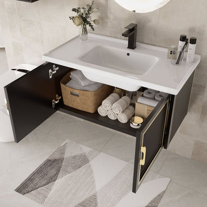 Bathroom Vanity Set 27.9" Modern Floating Ceramic Bathroom Vanity Black with Sink