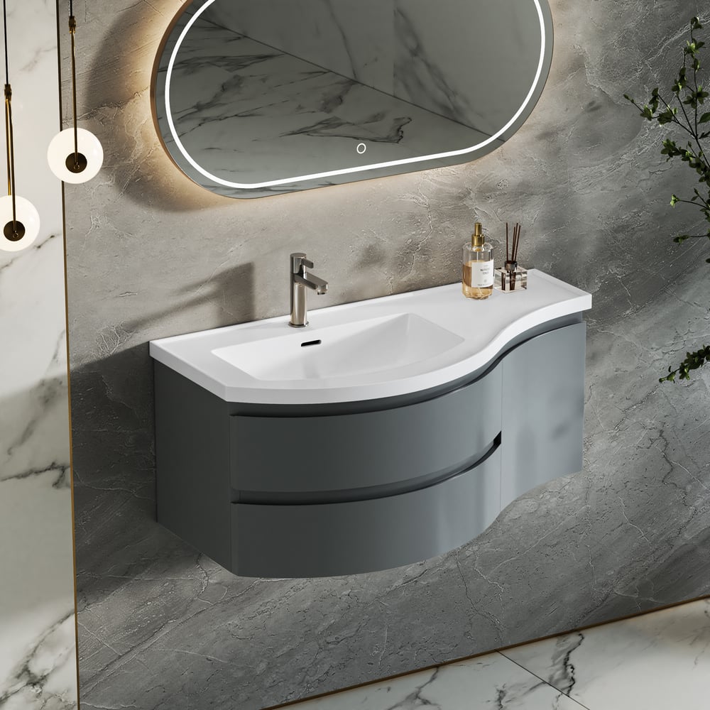 Bathroom vanity with sink and mirror in a modern bathroom setting