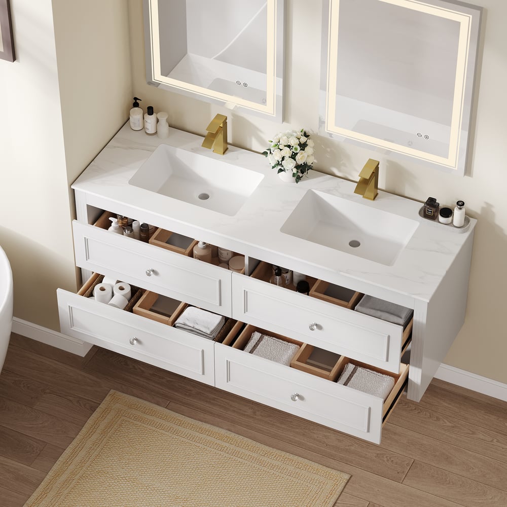 Bathroom Vanity Set 58.6"Modern Floating Ceramic Bathroom Vanity White with Double Sinks
