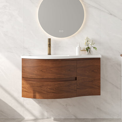Bathroom vanity with wooden cabinet, white countertop, and round mirror with lighting.