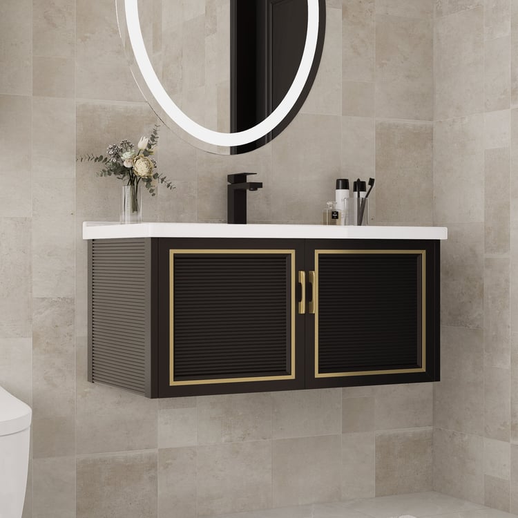Bathroom Vanity Set 27.9" Modern Floating Ceramic Bathroom Vanity Black with Sink